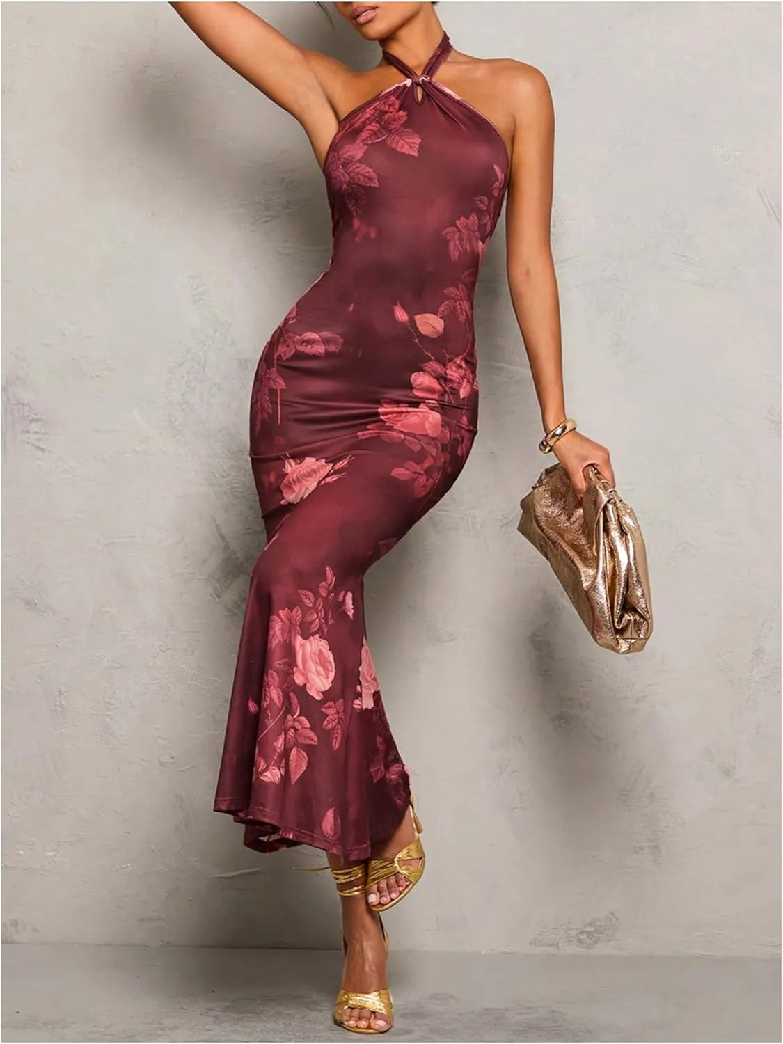 GORGLITTER Women's Open Backless Bodycon Graduation Maxi Dresses Rruched Halter Neck Sleeveless Ribbed Dress
