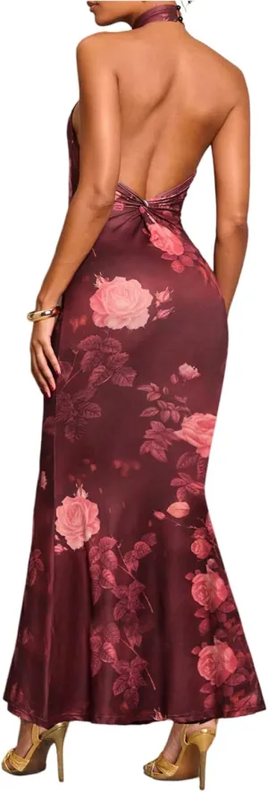 GORGLITTER Women's Open Backless Bodycon Graduation Maxi Dresses Rruched Halter Neck Sleeveless Ribbed Dress