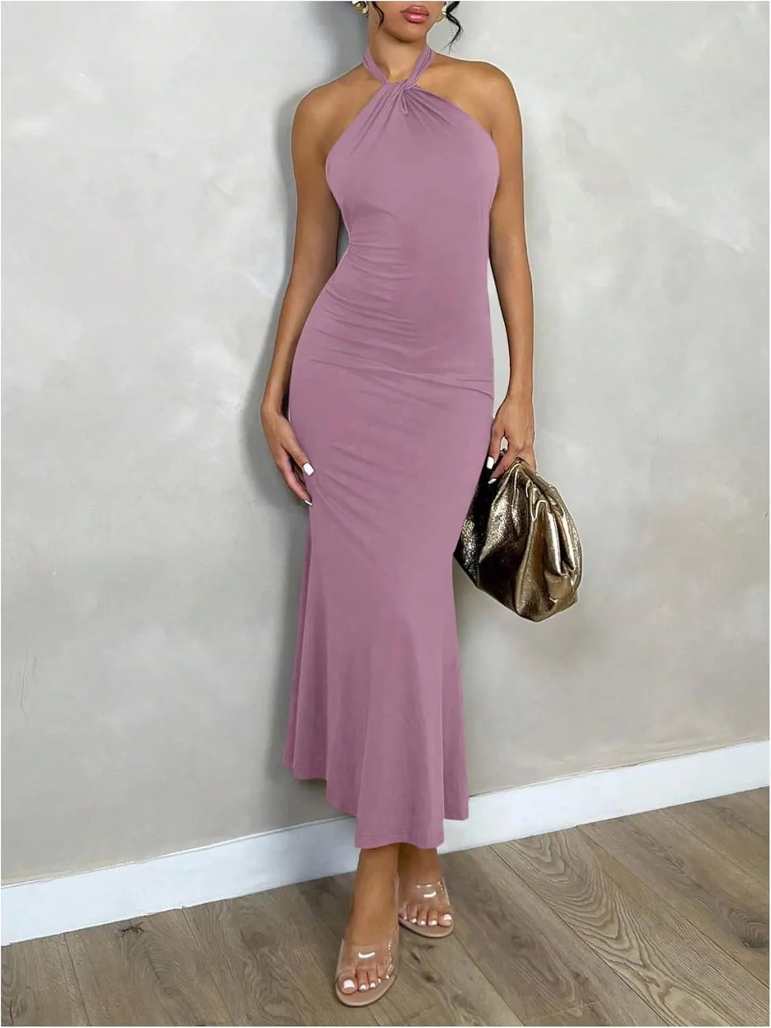 GORGLITTER Women's Open Backless Bodycon Graduation Maxi Dresses Rruched Halter Neck Sleeveless Ribbed Dress
