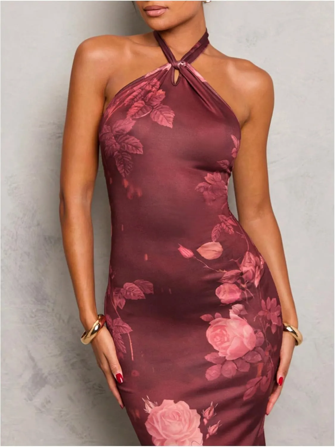 GORGLITTER Women's Open Backless Bodycon Graduation Maxi Dresses Rruched Halter Neck Sleeveless Ribbed Dress