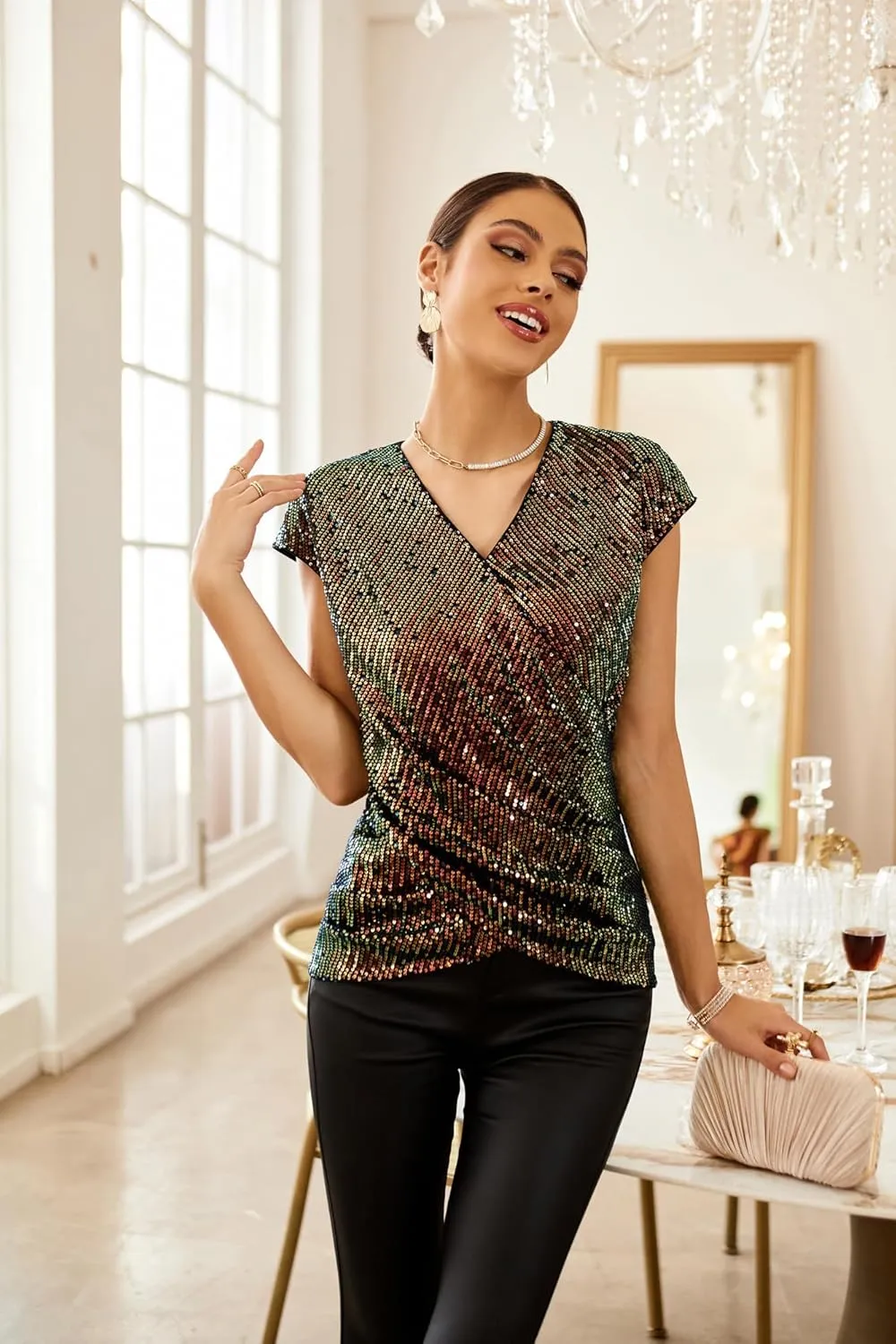 GRACE KARIN Womens Sparkle Sequin Top Shimmer Glitter Blouse Twist Front V Neck Cap Sleeve Club Party Shirt