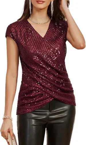 GRACE KARIN Womens Sparkle Sequin Top Shimmer Glitter Blouse Twist Front V Neck Cap Sleeve Club Party Shirt