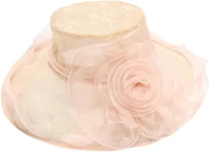 Hats for Tea Party for Women Church Easter Outfit Kentucky of Derby Wide Brim Organza Floral Large Sun Hat Fascinators Horse Racing Mother's Day Outfits Summer Accessories 2025 Pink