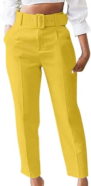 HGps8w Women's High Waisted Suit Pants with Belt Classic Fit Solid Color Straight Leg Business Work Office Dress Trousers