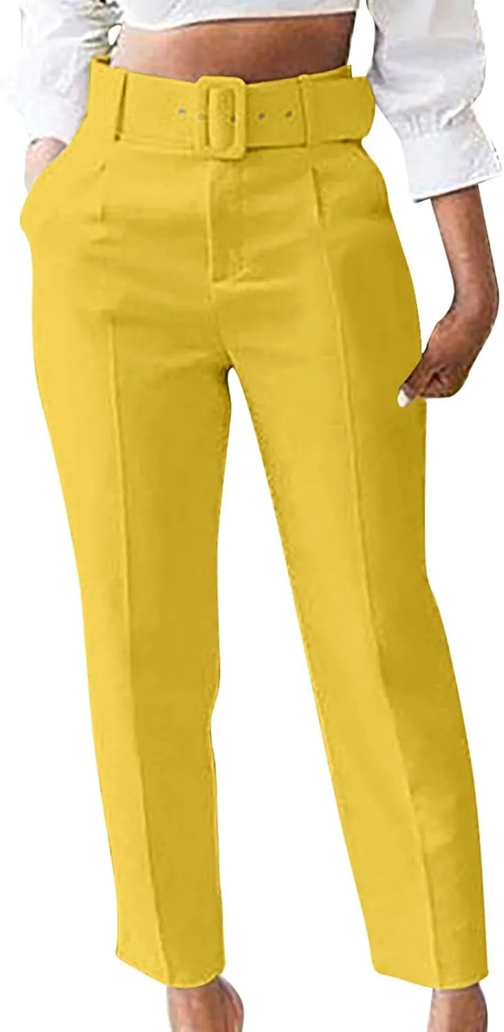 HGps8w Women's High Waisted Suit Pants with Belt Classic Fit Solid Color Straight Leg Business Work Office Dress Trousers