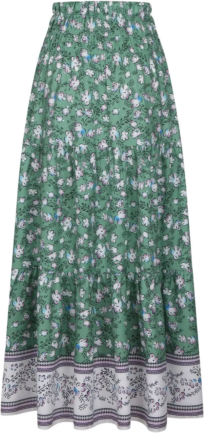 High Waist Boho Skirts Women Floral Printed Maxi Skirts Summer Flowy Skirts A Line Vacation Skirts Long Beach Skirt