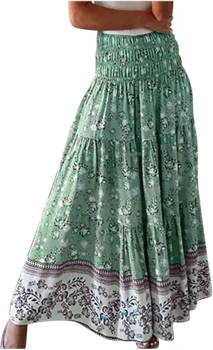 High Waist Boho Skirts Women Floral Printed Maxi Skirts Summer Flowy Skirts A Line Vacation Skirts Long Beach Skirt