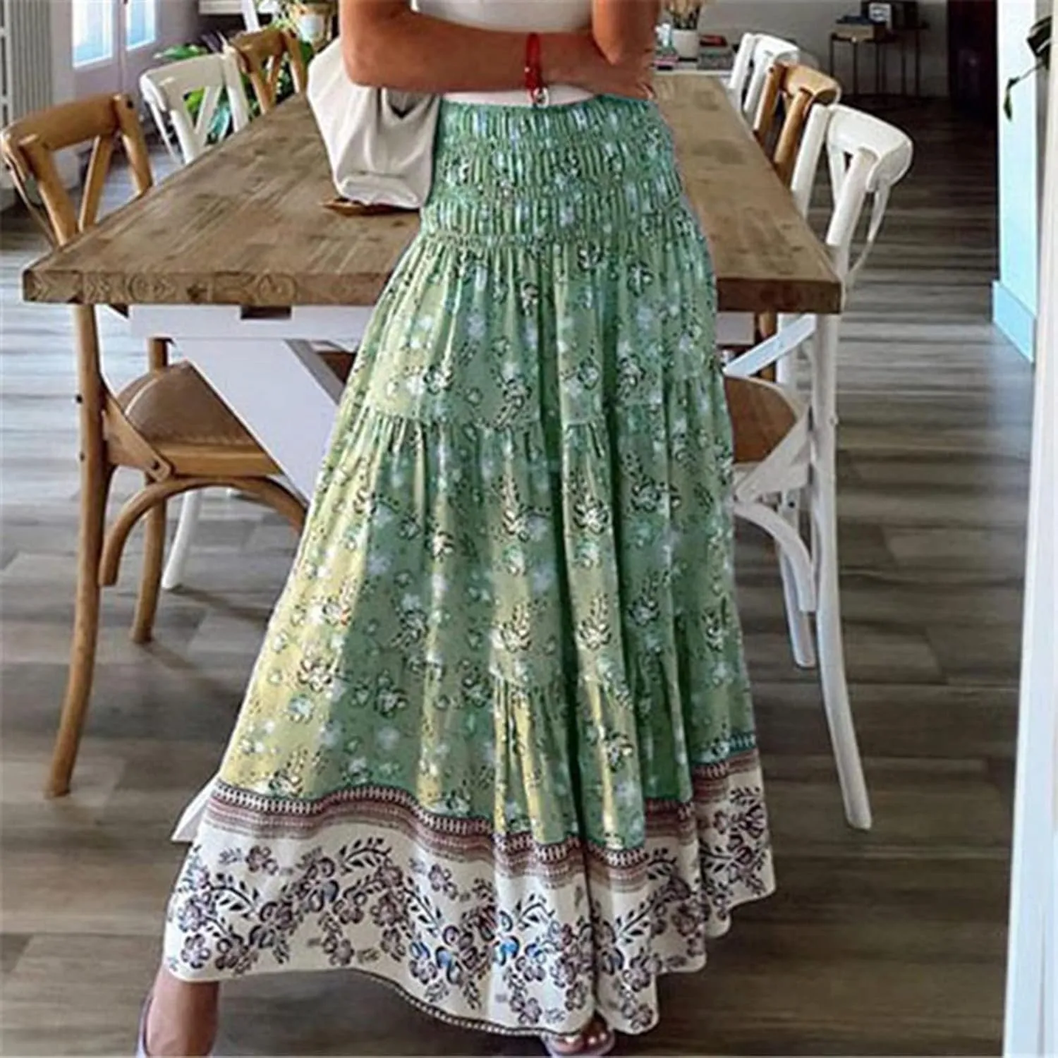 High Waist Boho Skirts Women Floral Printed Maxi Skirts Summer Flowy Skirts A Line Vacation Skirts Long Beach Skirt