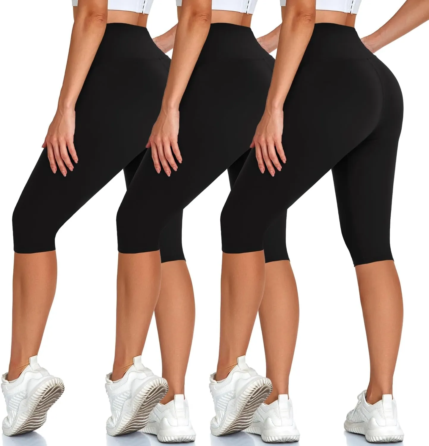 High Waisted 3 Pack Women's Capri Pants - Knee Length Yoga Shorts, Biker Workout Leggings for Women,Summer Activewear