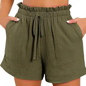 High Waisted Shorts for Women Trendy Summer Ruffle Shorts Drawstring Elastic Waist Flowy Shorts Casual Bermuda Shorts