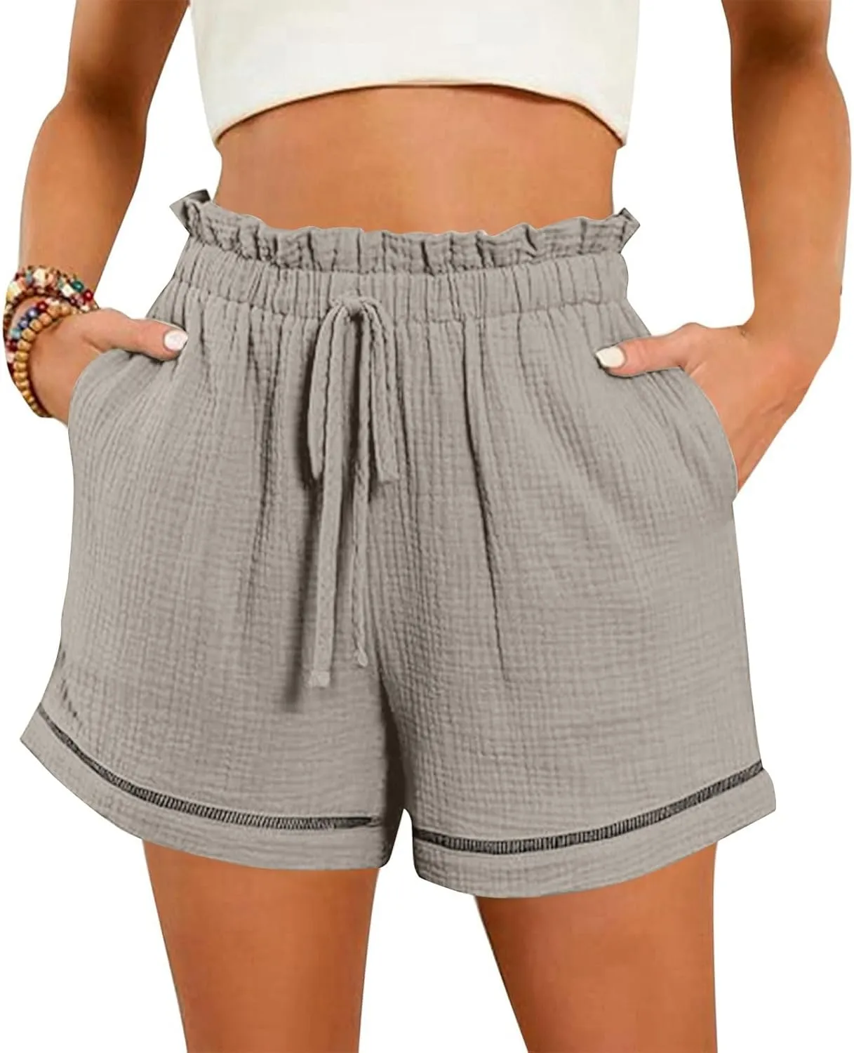 High Waisted Shorts for Women Trendy Summer Ruffle Shorts Drawstring Elastic Waist Flowy Shorts Casual Bermuda Shorts