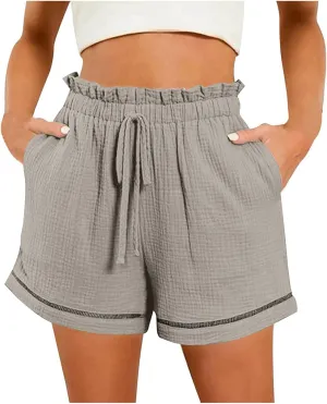 High Waisted Shorts for Women Trendy Summer Ruffle Shorts Drawstring Elastic Waist Flowy Shorts Casual Bermuda Shorts