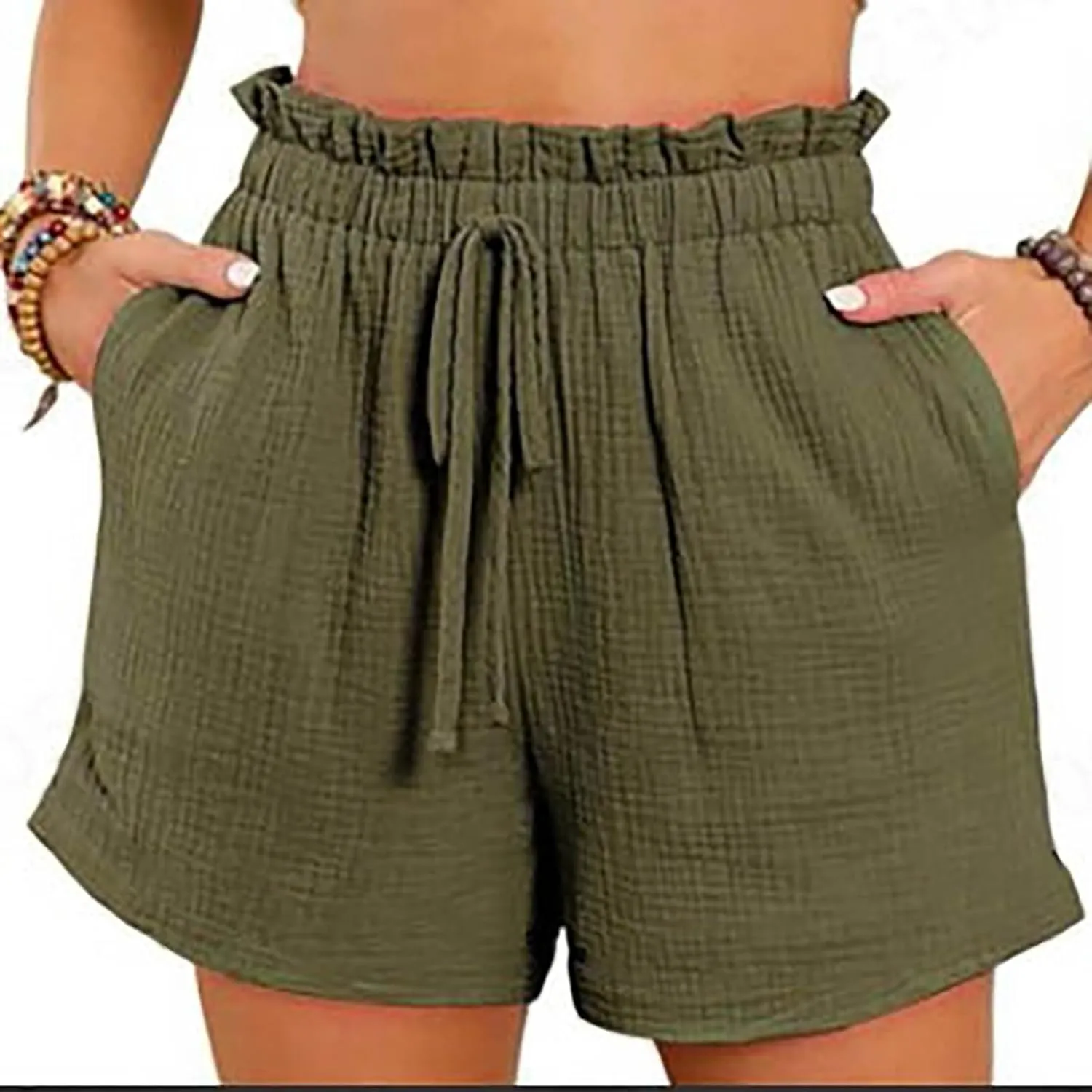 High Waisted Shorts for Women Trendy Summer Ruffle Shorts Drawstring Elastic Waist Flowy Shorts Casual Bermuda Shorts