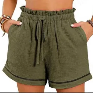 High Waisted Shorts for Women Trendy Summer Ruffle Shorts Drawstring Elastic Waist Flowy Shorts Casual Bermuda Shorts