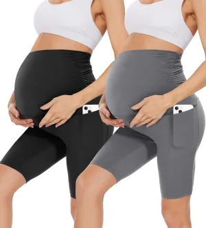 HIGHDAYS 2 Pack Maternity Shorts with Pockets Over The Belly, 8" Women's Black Pregnancy Yoga Workout Active