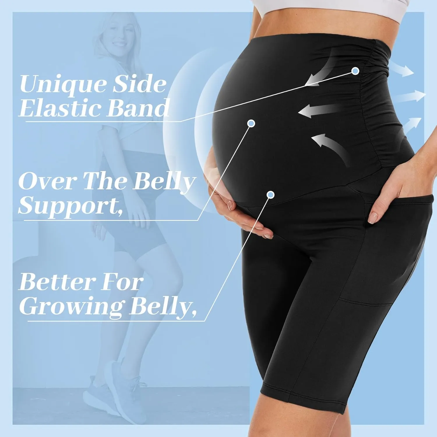 HIGHDAYS 2 Pack Maternity Shorts with Pockets Over The Belly, 8" Women's Black Pregnancy Yoga Workout Active