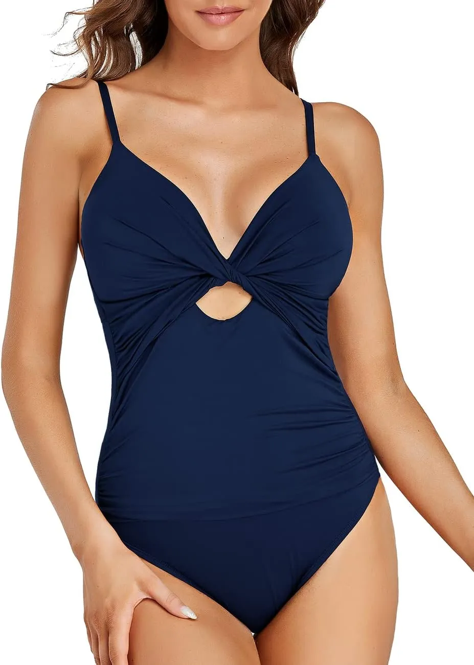 Hilor Women's One Piece Swimsuit Front Twist Keyhole Bathing Suit Sexy Monokini Swimwear Tummy Control