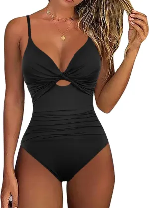 Hilor Women's One Piece Swimsuit Front Twist Keyhole Bathing Suit Sexy Monokini Swimwear Tummy Control