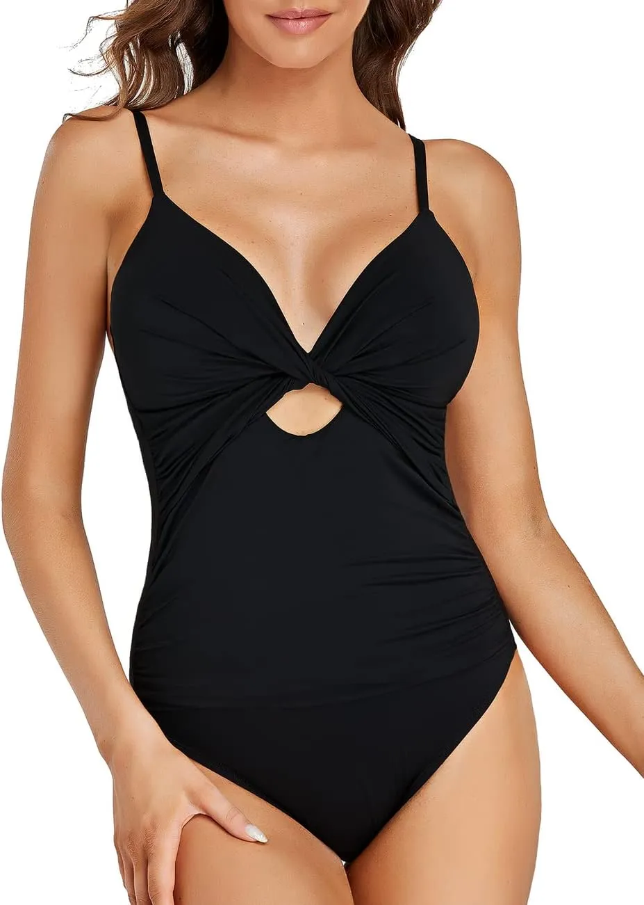 Hilor Women's One Piece Swimsuit Front Twist Keyhole Bathing Suit Sexy Monokini Swimwear Tummy Control
