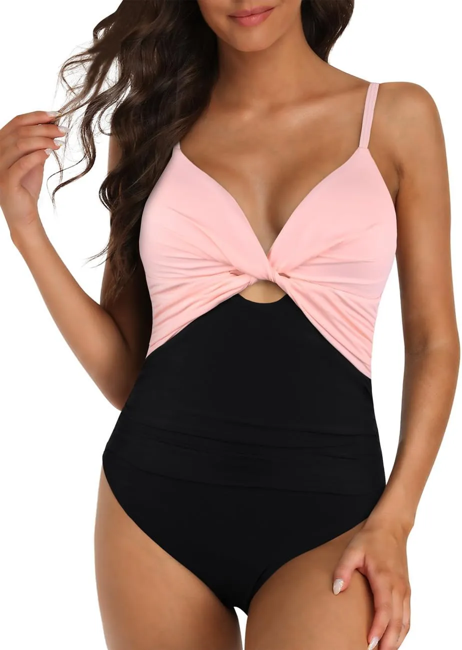 Hilor Women's One Piece Swimsuit Front Twist Keyhole Bathing Suit Sexy Monokini Swimwear Tummy Control