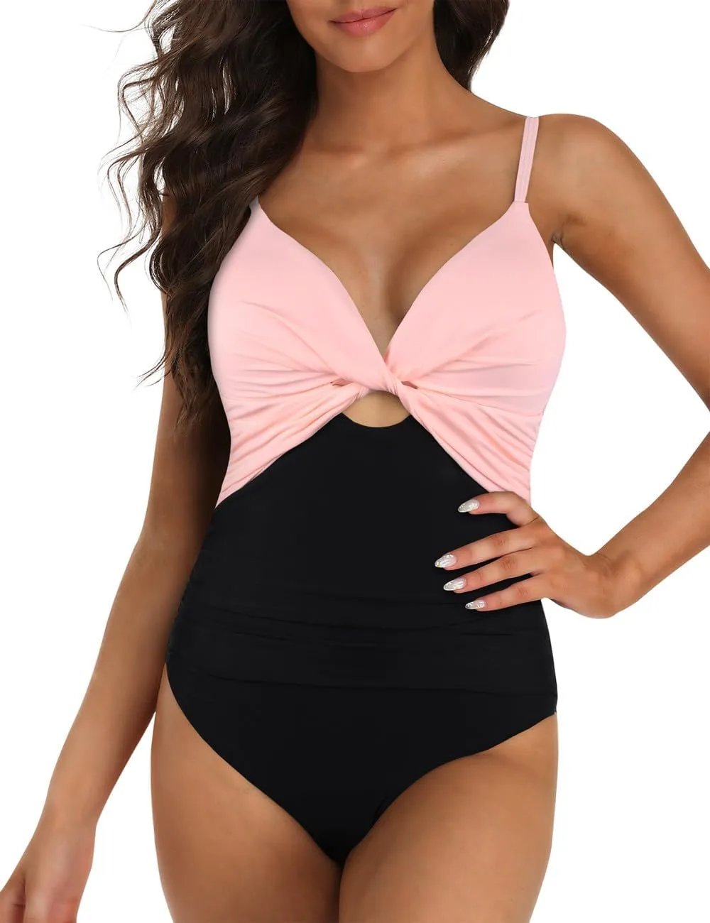 Hilor Women's One Piece Swimsuit Front Twist Keyhole Bathing Suit Sexy Monokini Swimwear Tummy Control