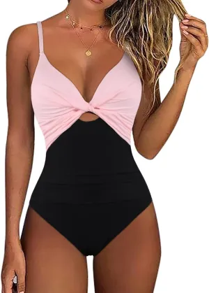 Hilor Women's One Piece Swimsuit Front Twist Keyhole Bathing Suit Sexy Monokini Swimwear Tummy Control
