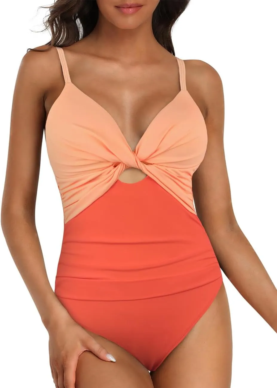 Hilor Women's One Piece Swimsuit Front Twist Keyhole Bathing Suit Sexy Monokini Swimwear Tummy Control