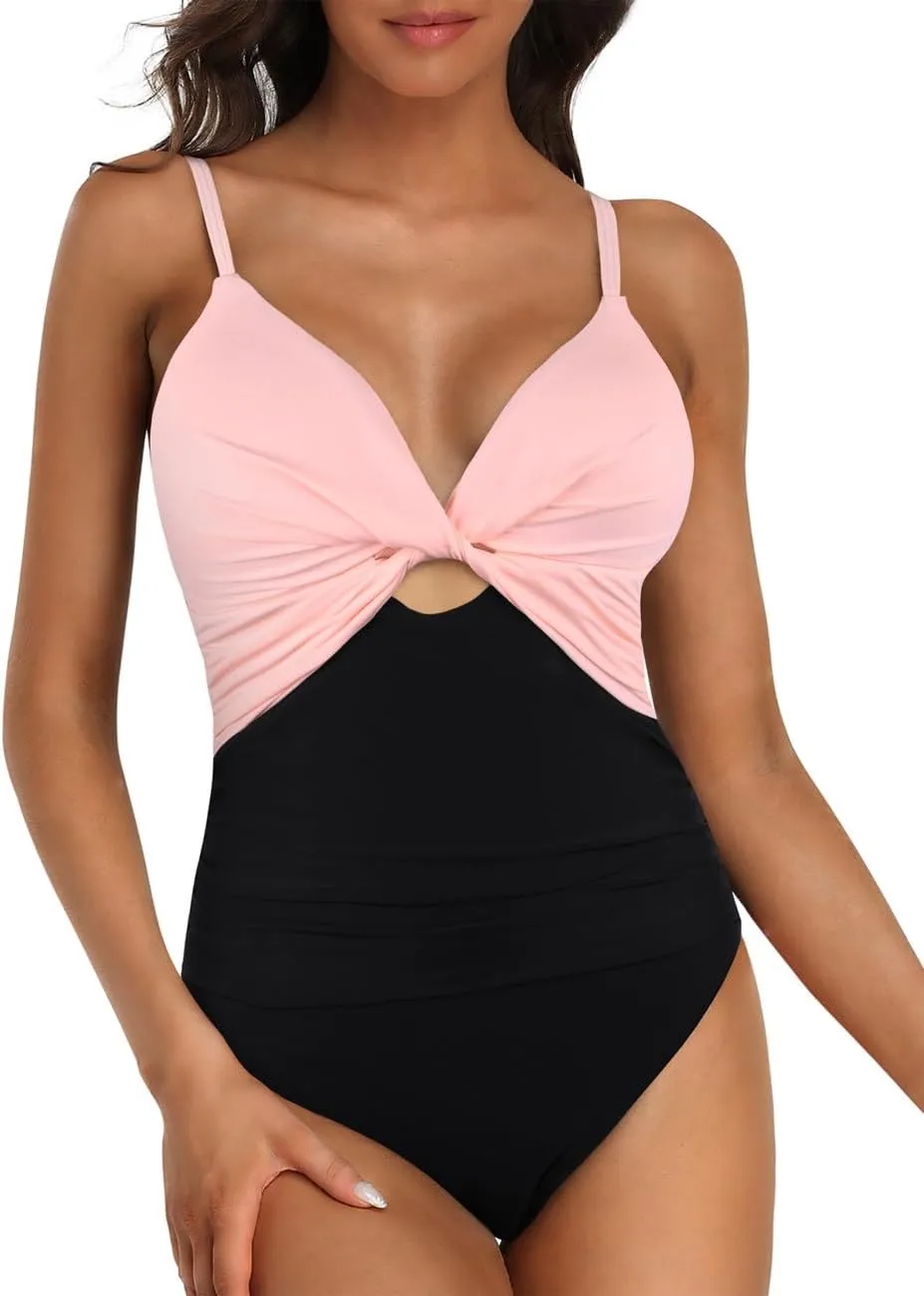 Hilor Women's One Piece Swimsuit Front Twist Keyhole Bathing Suit Sexy Monokini Swimwear Tummy Control