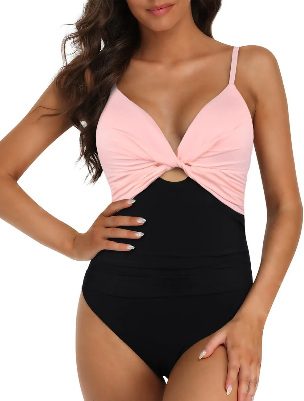 Hilor Women's One Piece Swimsuit Front Twist Keyhole Bathing Suit Sexy Monokini Swimwear Tummy Control