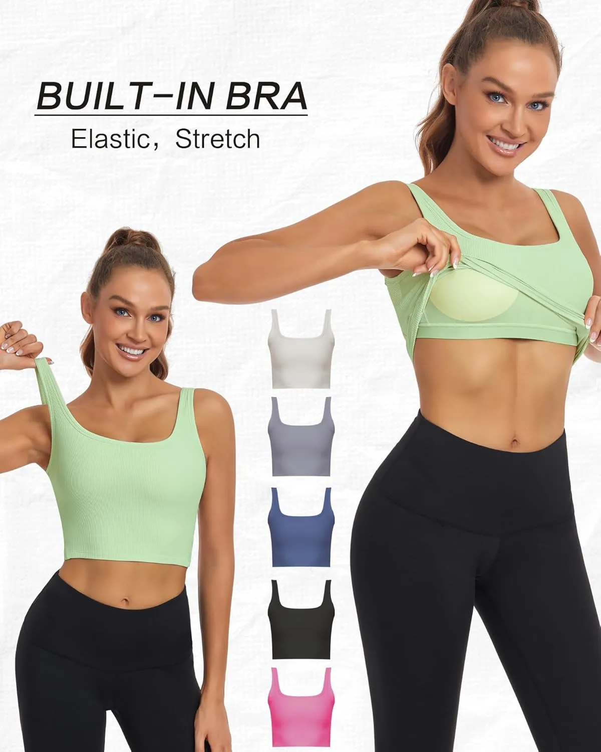HORISUN Womens Sports Bra Longline Padded Wirefree Workout Tops Medium Support Seamless Ribbed Crop Tops Gym Yoga Tank Shirts