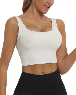 HORISUN Womens Sports Bra Longline Padded Wirefree Workout Tops Medium Support Seamless Ribbed Crop Tops Gym Yoga Tank Shirts