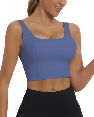 HORISUN Womens Sports Bra Longline Padded Wirefree Workout Tops Medium Support Seamless Ribbed Crop Tops Gym Yoga Tank Shirts