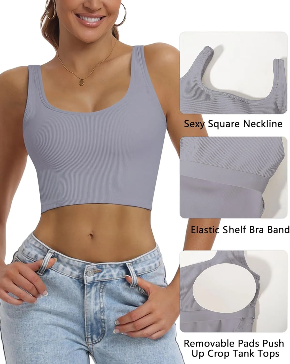 HORISUN Womens Sports Bra Longline Padded Wirefree Workout Tops Medium Support Seamless Ribbed Crop Tops Gym Yoga Tank Shirts
