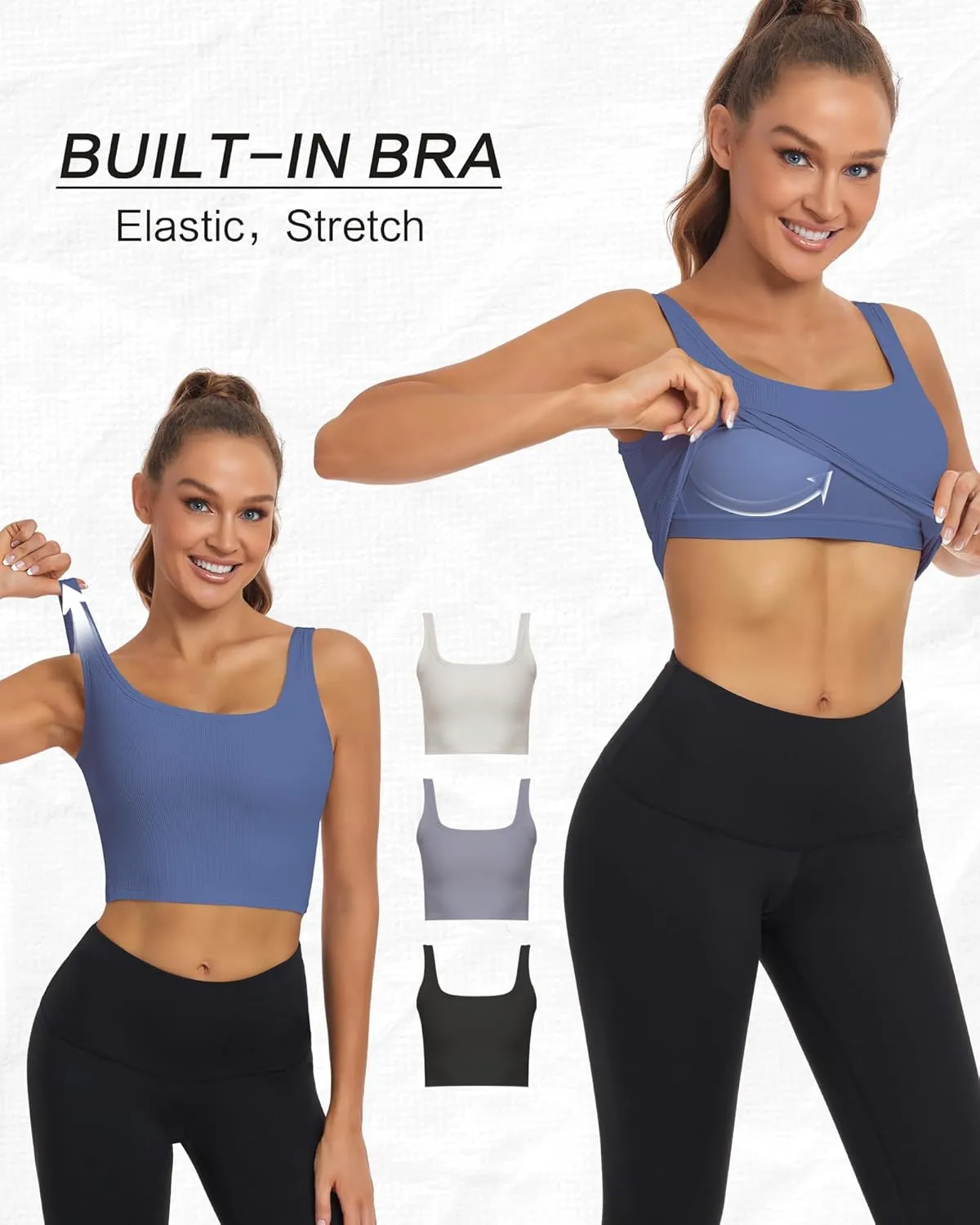 HORISUN Womens Sports Bra Longline Padded Wirefree Workout Tops Medium Support Seamless Ribbed Crop Tops Gym Yoga Tank Shirts