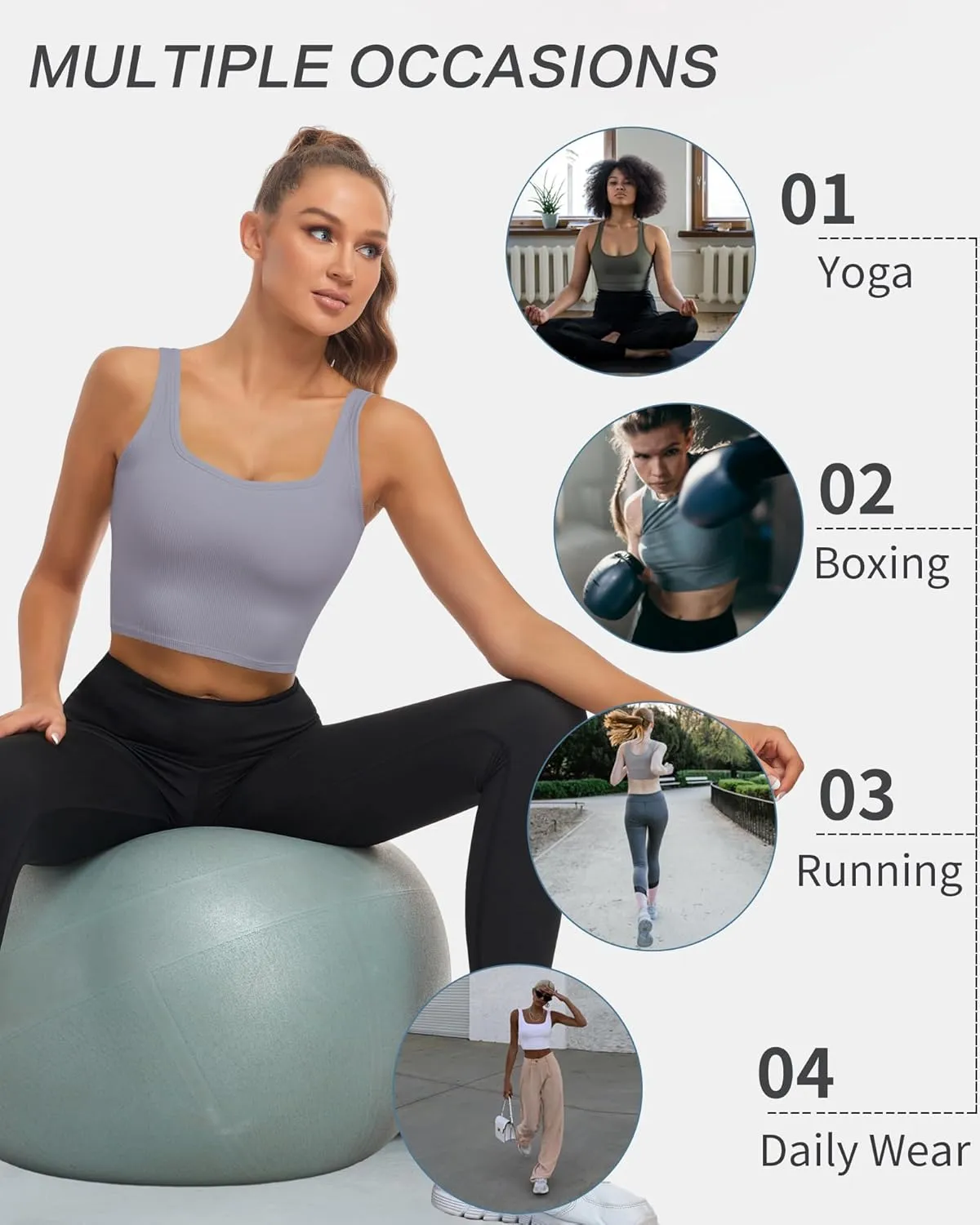 HORISUN Womens Sports Bra Longline Padded Wirefree Workout Tops Medium Support Seamless Ribbed Crop Tops Gym Yoga Tank Shirts