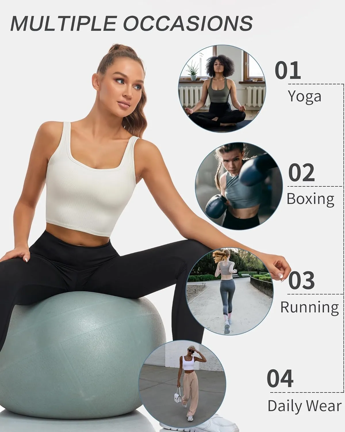 HORISUN Womens Sports Bra Longline Padded Wirefree Workout Tops Medium Support Seamless Ribbed Crop Tops Gym Yoga Tank Shirts