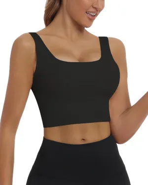 HORISUN Womens Sports Bra Longline Padded Wirefree Workout Tops Medium Support Seamless Ribbed Crop Tops Gym Yoga Tank Shirts