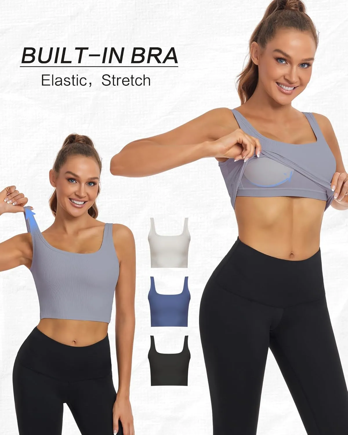 HORISUN Womens Sports Bra Longline Padded Wirefree Workout Tops Medium Support Seamless Ribbed Crop Tops Gym Yoga Tank Shirts