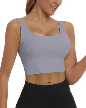 HORISUN Womens Sports Bra Longline Padded Wirefree Workout Tops Medium Support Seamless Ribbed Crop Tops Gym Yoga Tank Shirts