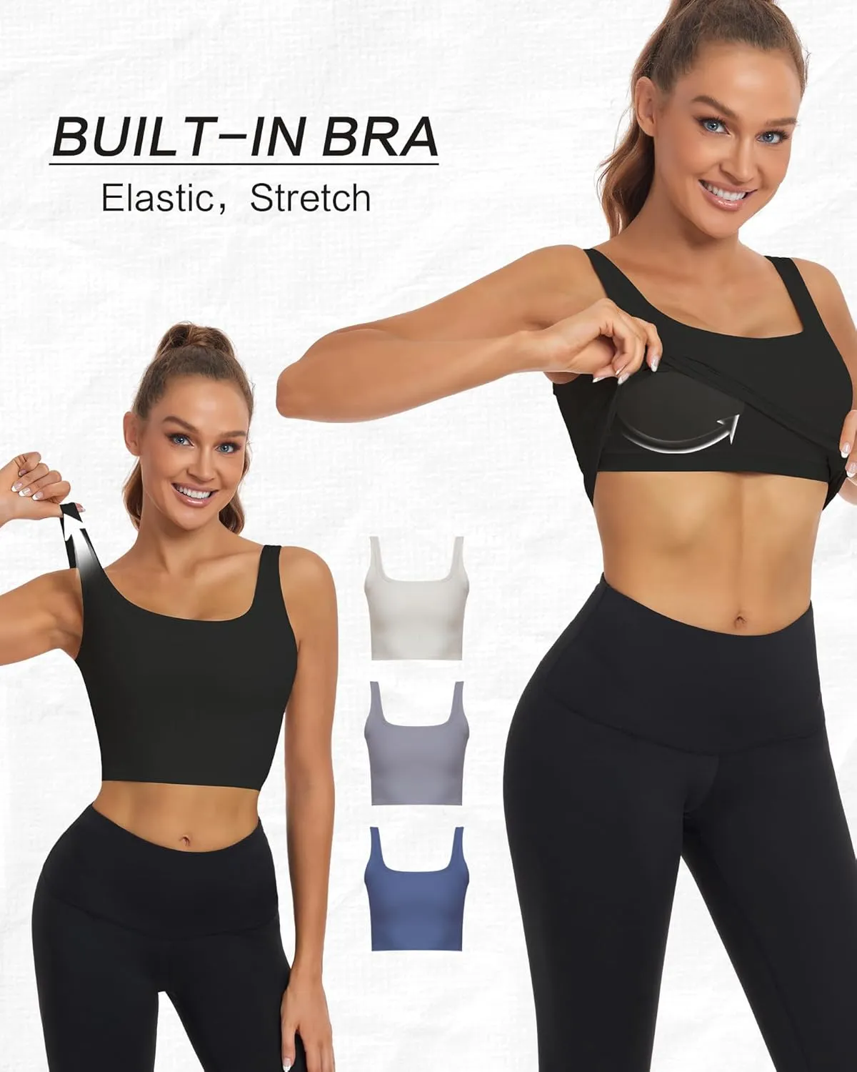 HORISUN Womens Sports Bra Longline Padded Wirefree Workout Tops Medium Support Seamless Ribbed Crop Tops Gym Yoga Tank Shirts
