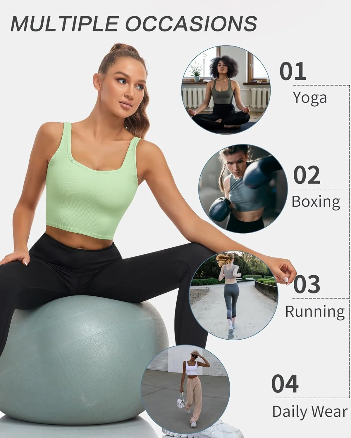 HORISUN Womens Sports Bra Longline Padded Wirefree Workout Tops Medium Support Seamless Ribbed Crop Tops Gym Yoga Tank Shirts