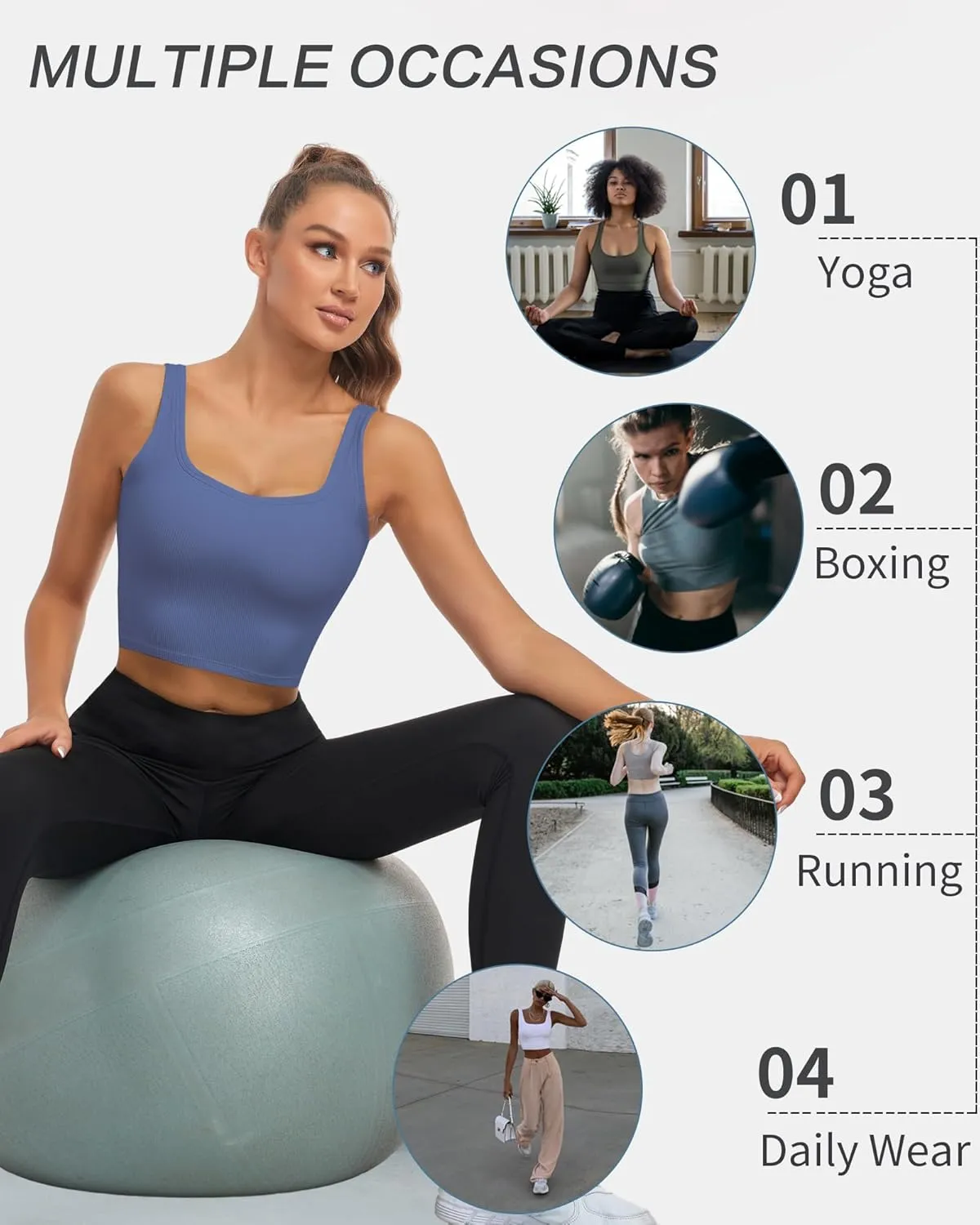 HORISUN Womens Sports Bra Longline Padded Wirefree Workout Tops Medium Support Seamless Ribbed Crop Tops Gym Yoga Tank Shirts