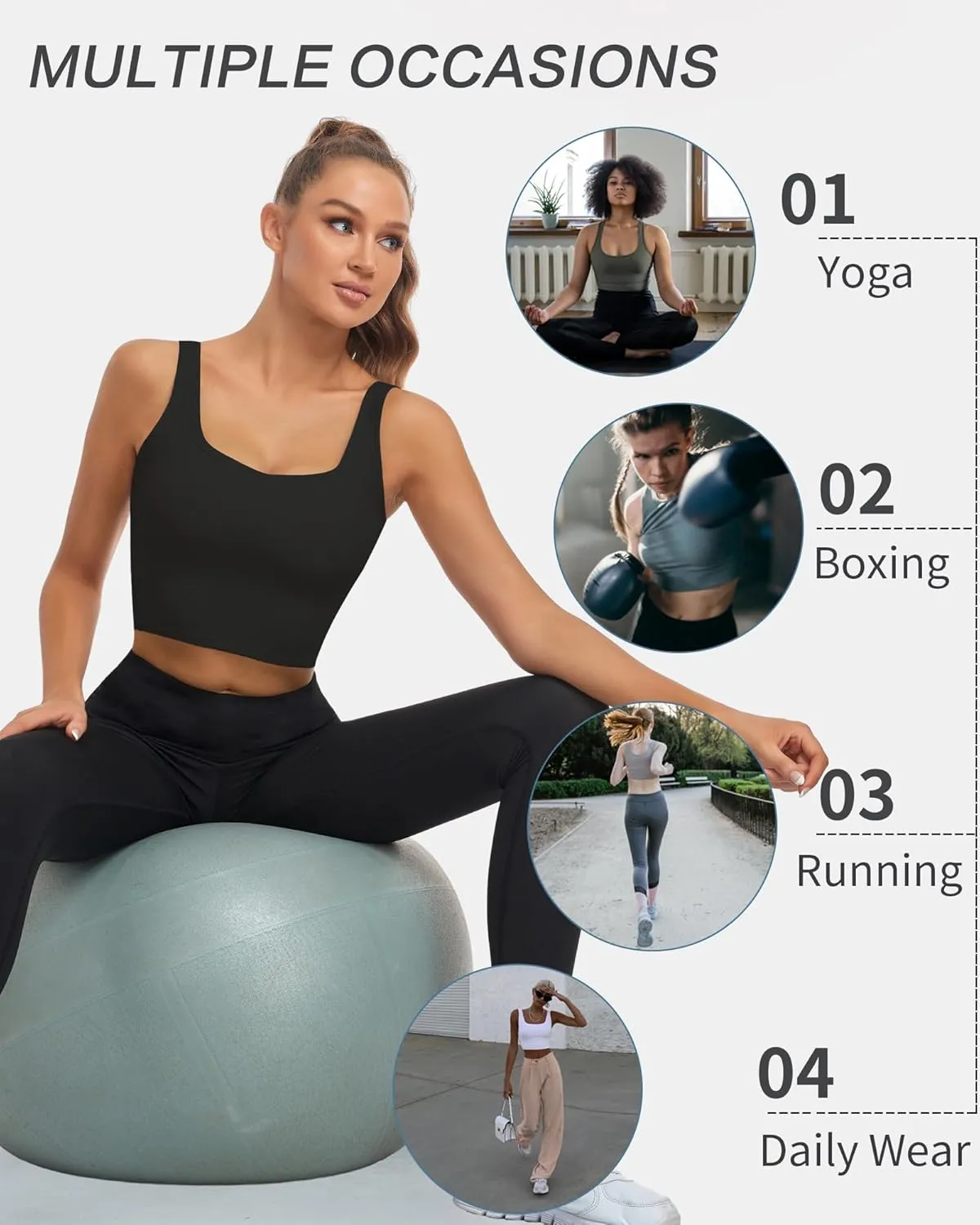 HORISUN Womens Sports Bra Longline Padded Wirefree Workout Tops Medium Support Seamless Ribbed Crop Tops Gym Yoga Tank Shirts