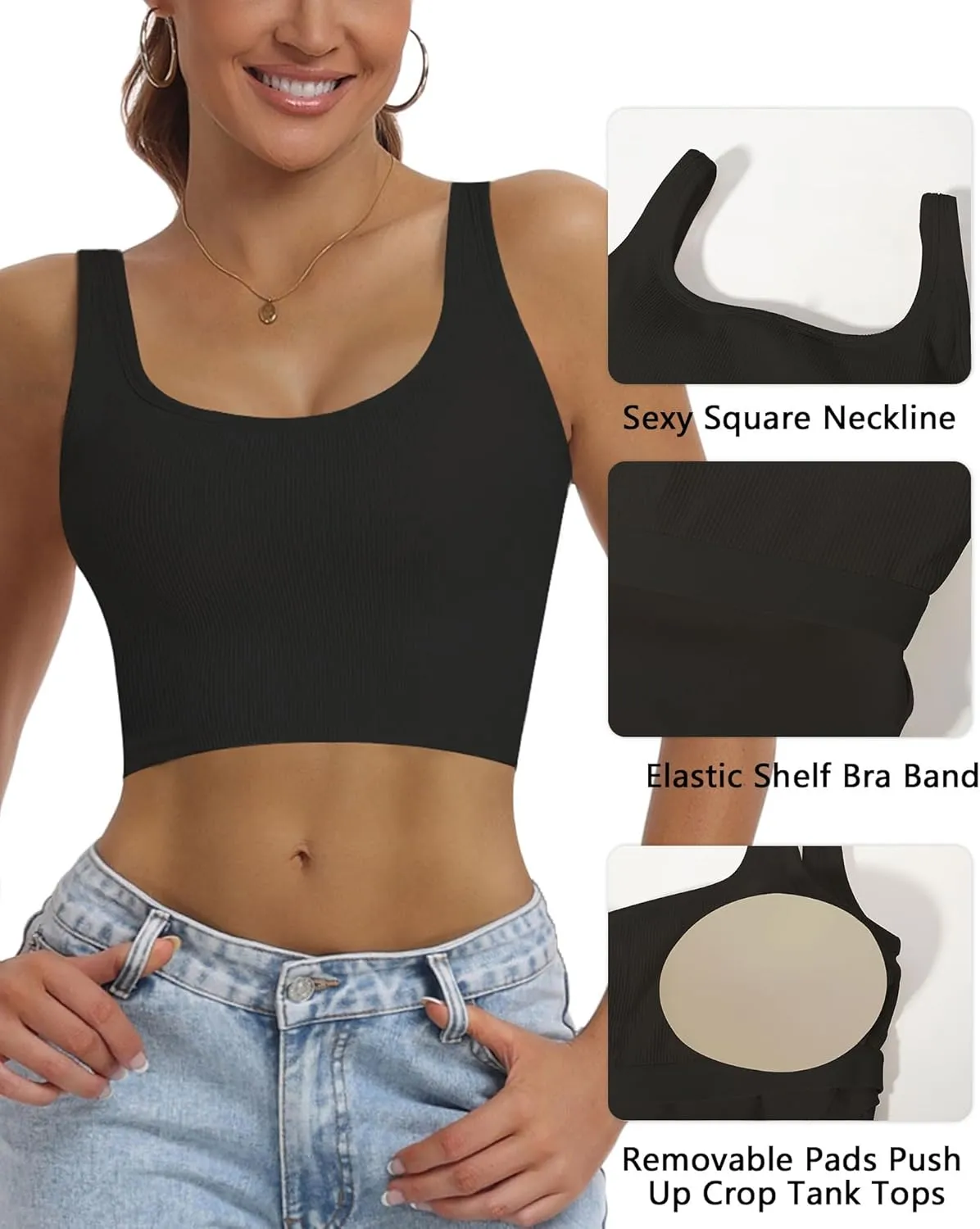HORISUN Womens Sports Bra Longline Padded Wirefree Workout Tops Medium Support Seamless Ribbed Crop Tops Gym Yoga Tank Shirts