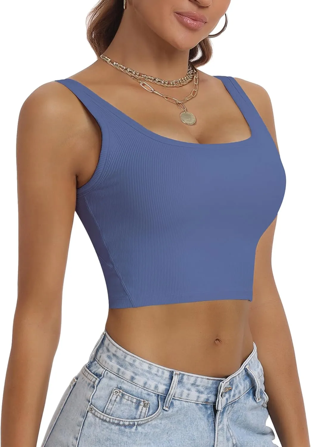 HORISUN Womens Sports Bra Longline Padded Wirefree Workout Tops Medium Support Seamless Ribbed Crop Tops Gym Yoga Tank Shirts