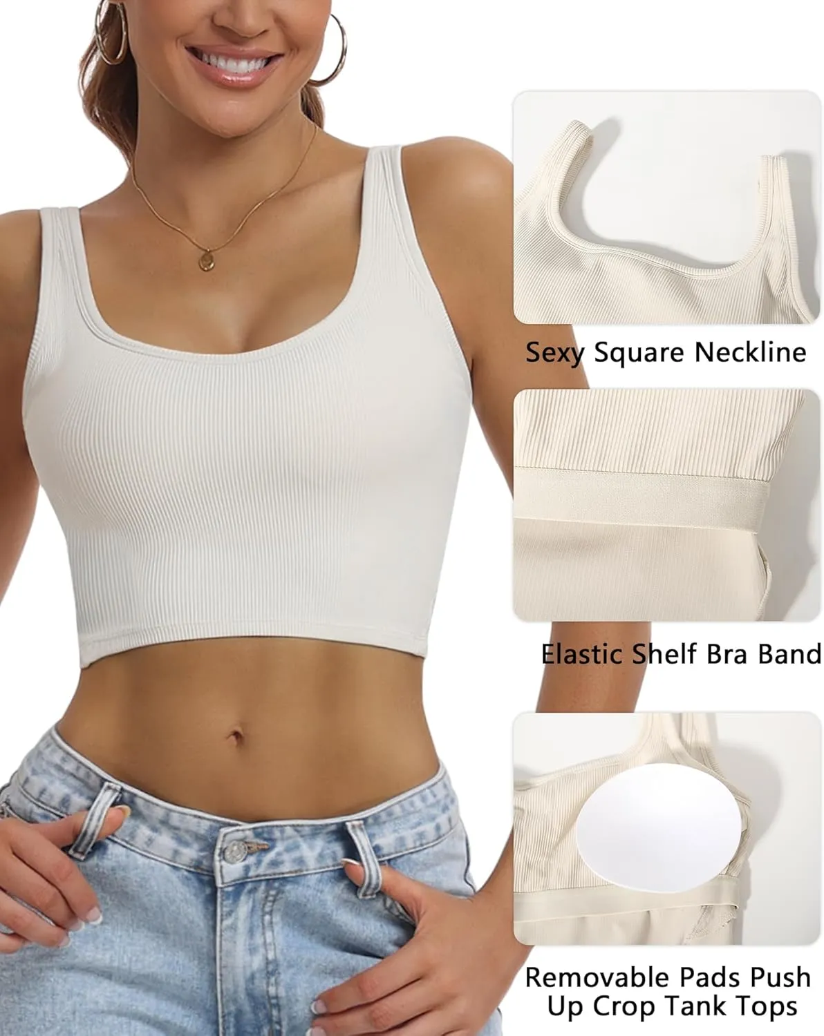 HORISUN Womens Sports Bra Longline Padded Wirefree Workout Tops Medium Support Seamless Ribbed Crop Tops Gym Yoga Tank Shirts