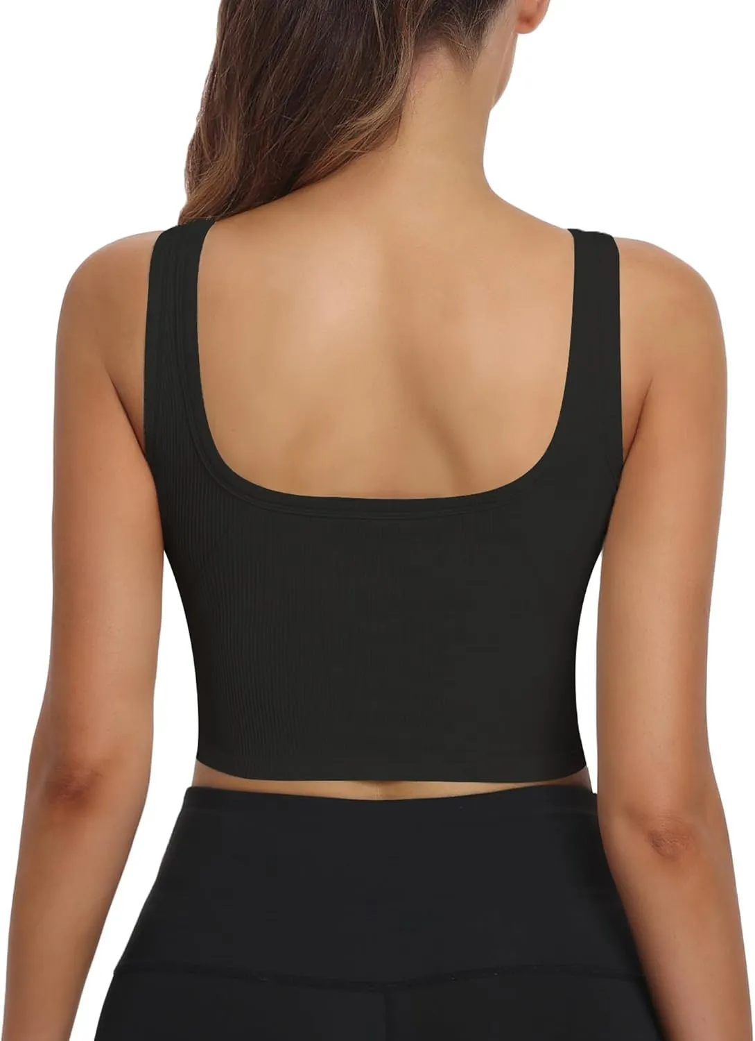 HORISUN Womens Sports Bra Longline Padded Wirefree Workout Tops Medium Support Seamless Ribbed Crop Tops Gym Yoga Tank Shirts