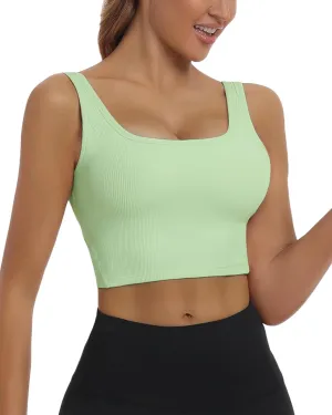 HORISUN Womens Sports Bra Longline Padded Wirefree Workout Tops Medium Support Seamless Ribbed Crop Tops Gym Yoga Tank Shirts