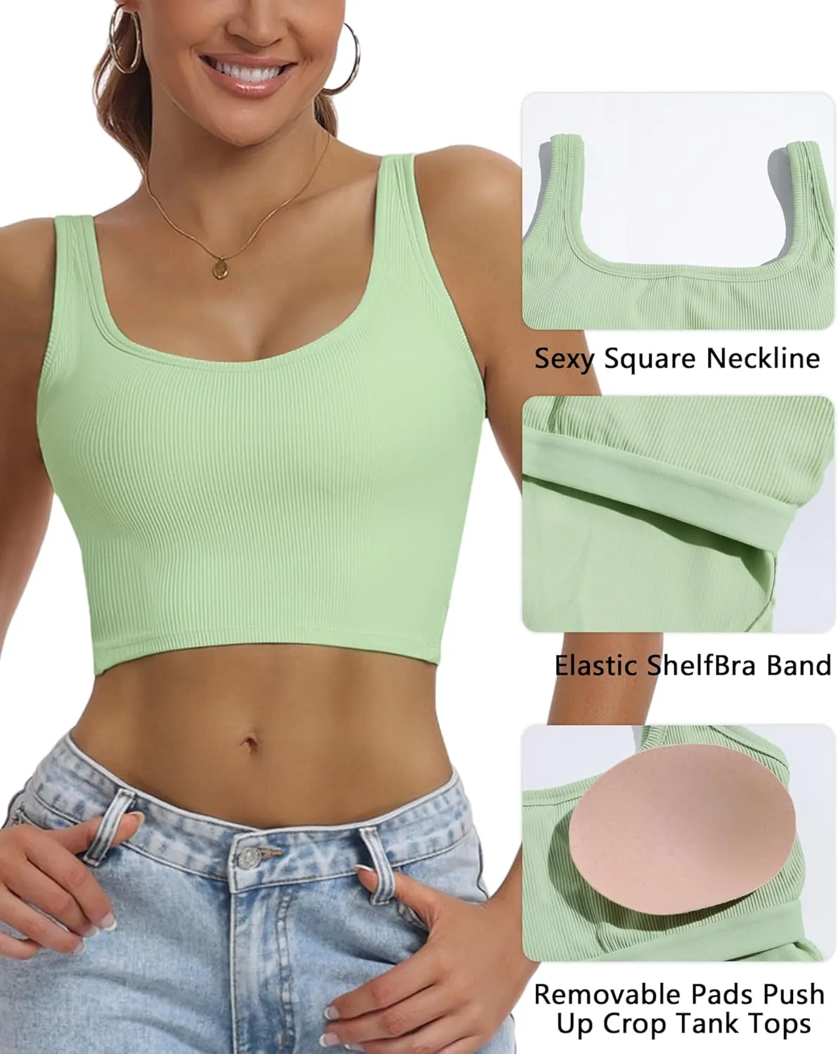 HORISUN Womens Sports Bra Longline Padded Wirefree Workout Tops Medium Support Seamless Ribbed Crop Tops Gym Yoga Tank Shirts