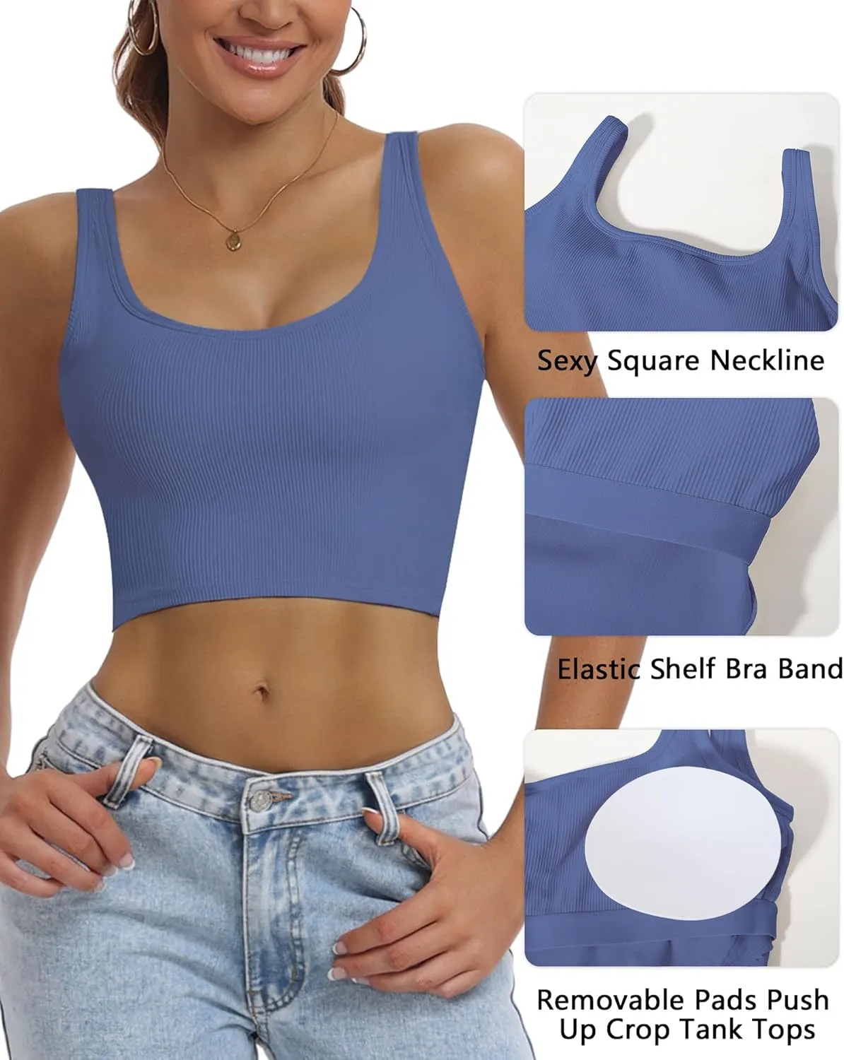 HORISUN Womens Sports Bra Longline Padded Wirefree Workout Tops Medium Support Seamless Ribbed Crop Tops Gym Yoga Tank Shirts